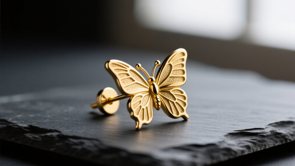 Macro shot of a 20-gauge gold vermeil earring post with a butterfly clutch on dark slate for sharp detail.
