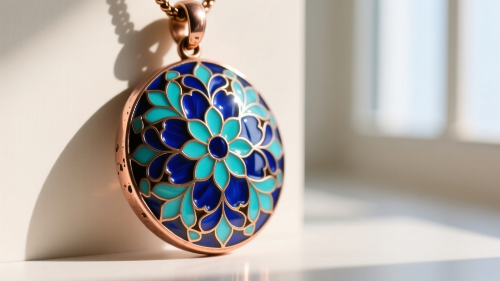 Macro shot of an Isfahan Minakari enameled pendant showing vivid cobalt blue and turquoise floral patterns on a copper base.
