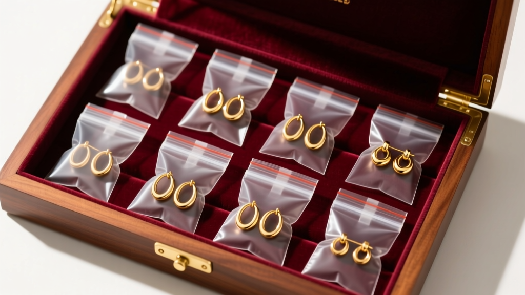 18k gold skinny hoops stored individually in small clear ziplock bags inside a velvet-lined wooden jewelry box, top-down view