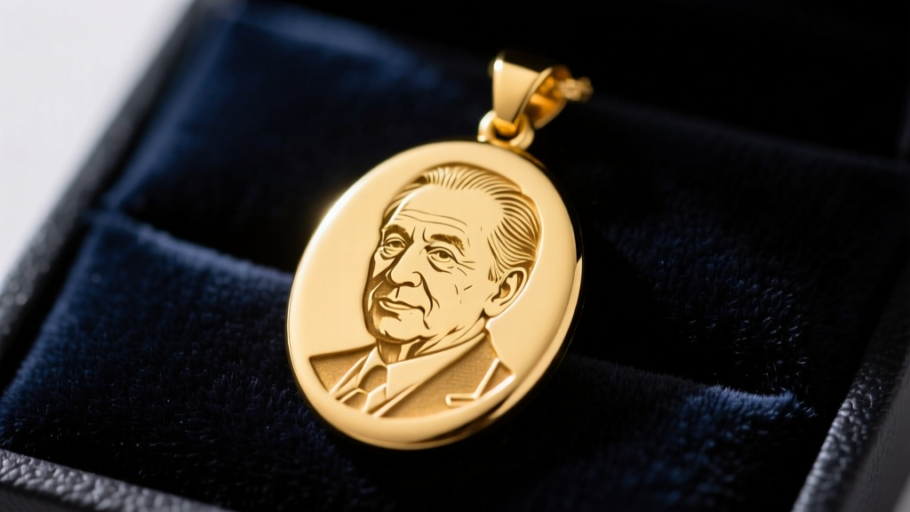 A polished 14k gold pendant featuring a laser-engraved portrait, resting on dark velvet under soft, directional studio lighting