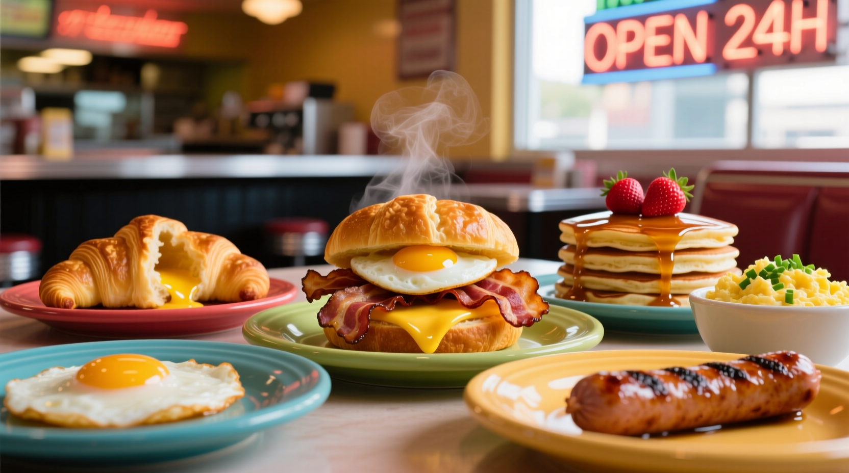 Variety of fast food breakfast items on plates