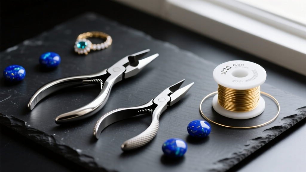 Flat-lay of jewelry pliers, flush cutters, 20-gauge gold wire, and blue lapis lazuli beads on a dark slate workspace.