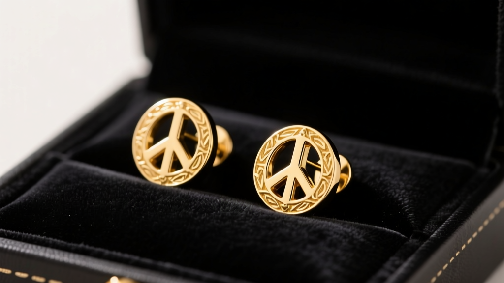 Macro shot of 14k solid gold peace symbol stud earrings resting on dark velvet in a jewelry box under soft, warm studio lighting
