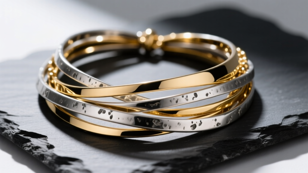 Close-up of a layered mixed-metal necklace stack featuring oxidized silver and 18k gold vermeil resting on a dark slate surface.