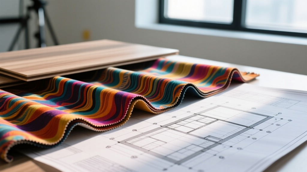 Vibrant polyurethane laminate and vinyl craft fabrics inspected against architectural blueprints for interior acoustic paneling