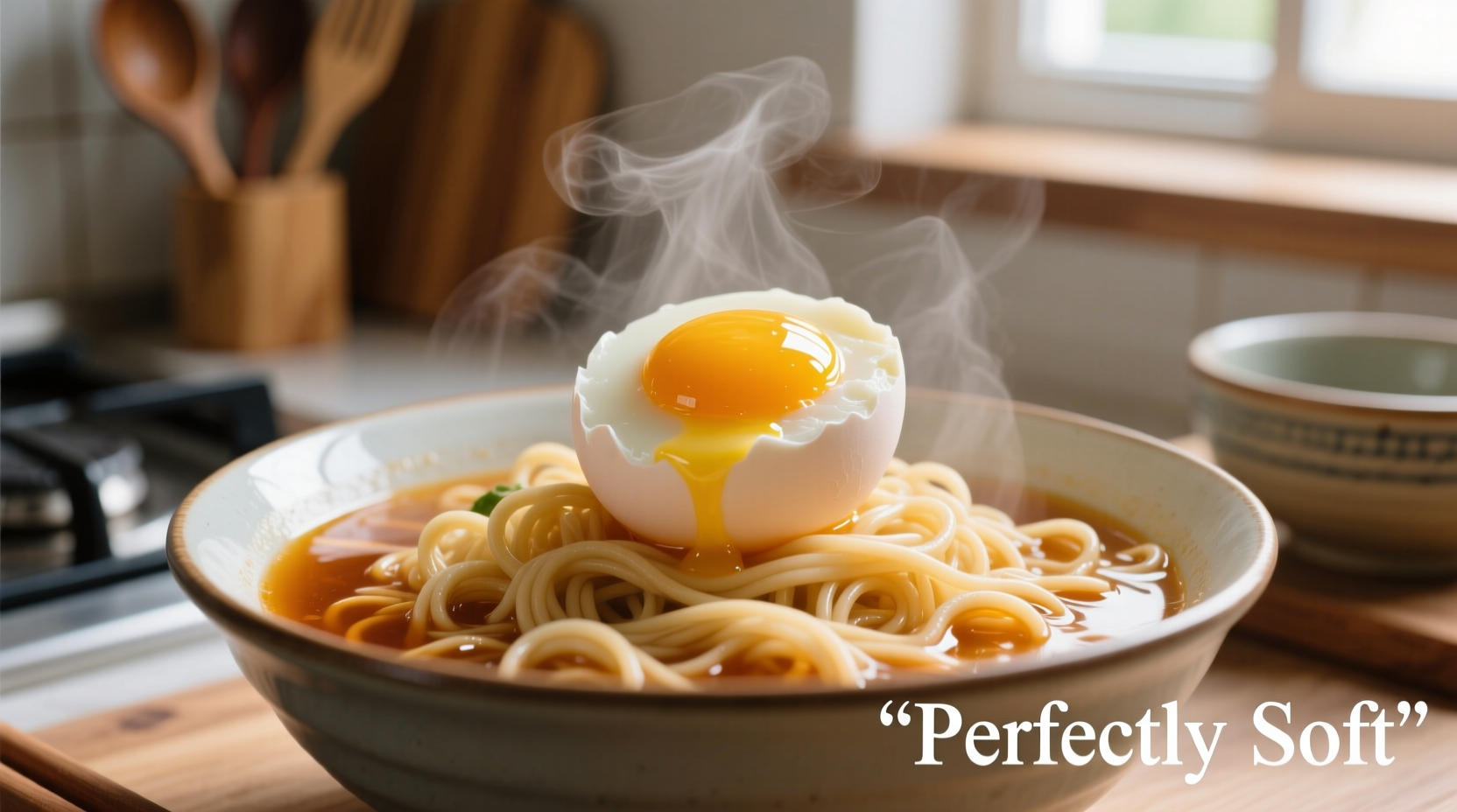 Perfect soft-boiled egg resting on ramen noodles