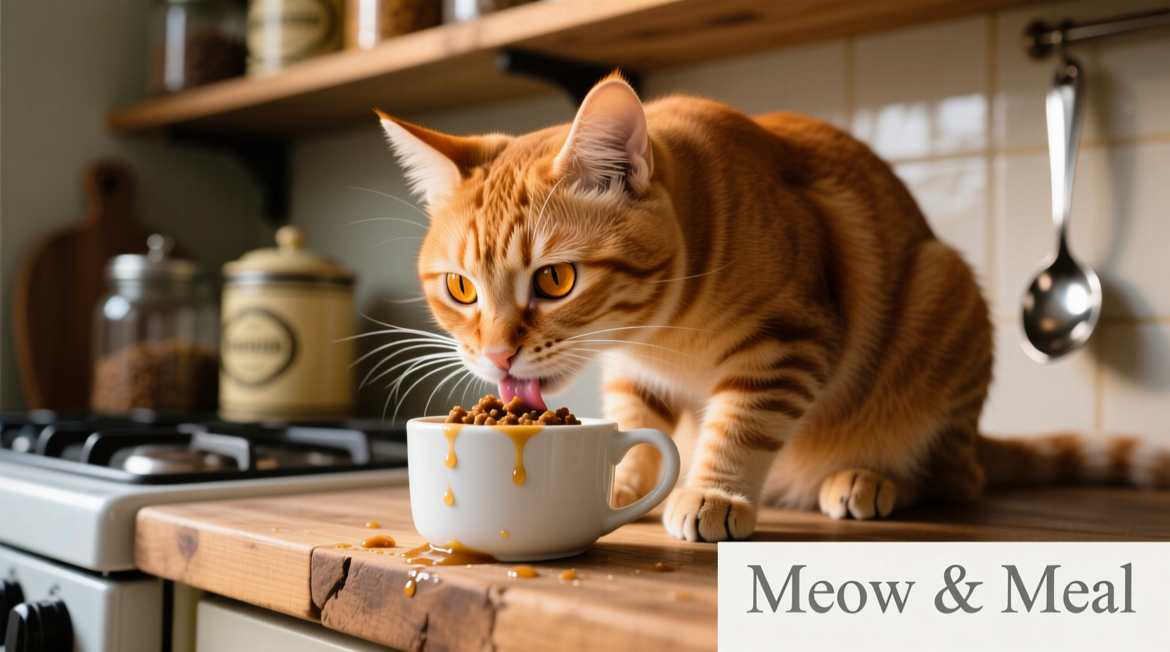 Cat eating wet food from measuring cup