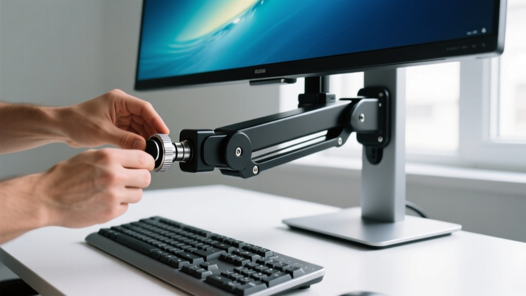 Hands adjusting the tension knob on an Ergotron LX monitor arm while a 32-inch 4K display hovers above a mechanical keyboard