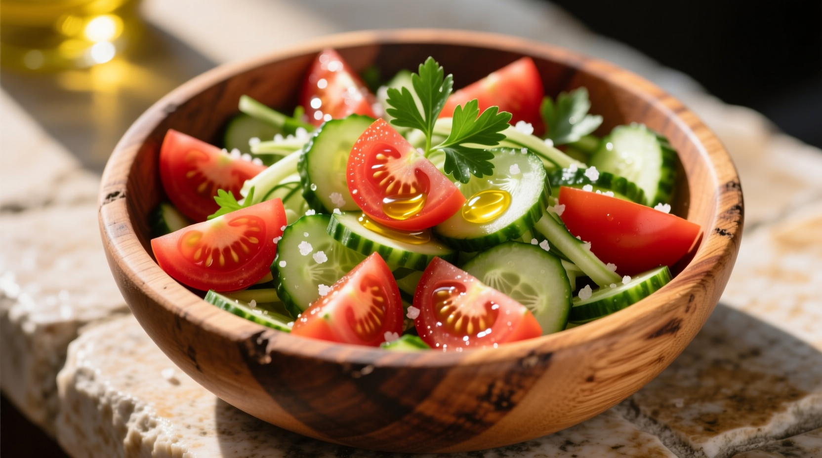 Fresh Mediterranean cucumber tomato salad in wooden bowl