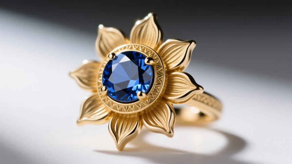Extreme close-up of a bezel-set round sapphire center pistil in a textured gold sunflower earring, highlighting the metal rim.