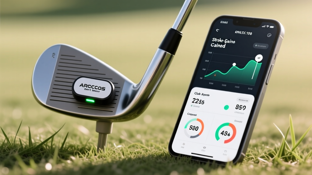 Close-up of an Arccos Caddie Smart Sensor in a club grip, with a smartphone displaying detailed stroke-gained analytics nearby.