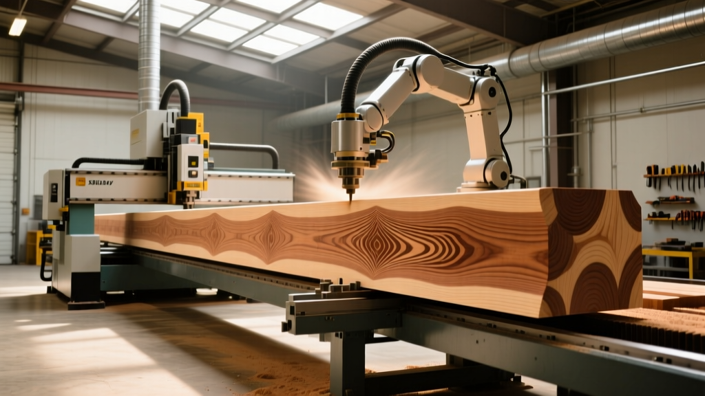 Heavy-duty 5-axis CNC router milling a massive laminated veneer lumber beam in a Green Bay Wisconsin timber facility