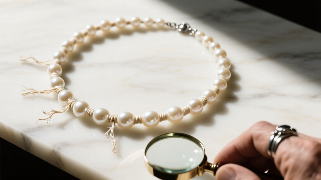 Overhead view of a vintage pearl choker with stretched, frayed silk thread between pearls, next to a jeweler's restringing needle.