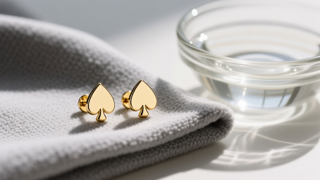 Gold-plated Kate Spade spade icon stud earrings resting on a grey microfiber cloth next to a small glass bowl of mild soapy water.