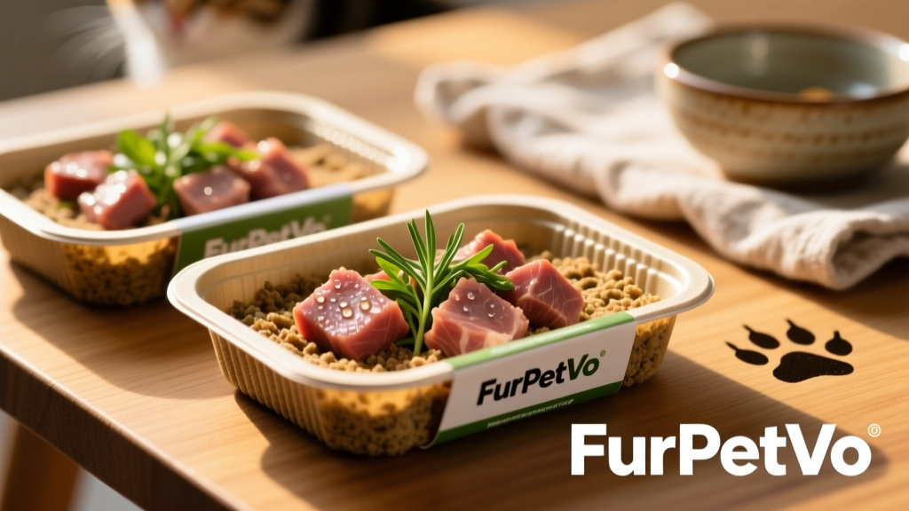 Close-up of FurPetVo’s fresh cat food in recyclable, portioned trays showing visible meat chunks and herbs