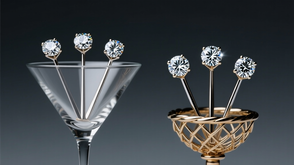 Macro shot comparing a 3-prong martini and 4-prong basket setting for heavy diamond studs on a dark slate background, studio lit.