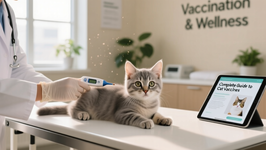 A calm, healthy kitten receiving a gentle wellness exam at a veterinary clinic
