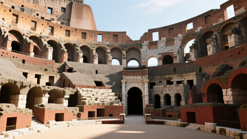 Detailed cross-section of the Colosseum highlighting travertine piers, tuff walls, and brick-faced Roman concrete vaults