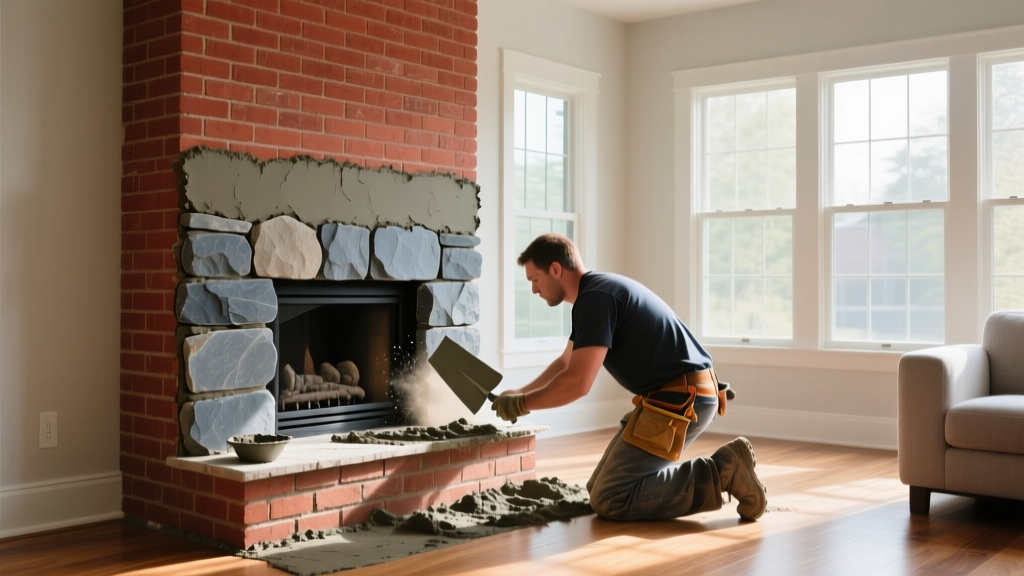 Mason troweling mortar to install stacked stone veneer over an existing red brick fireplace surround in a brightly lit modern living room.