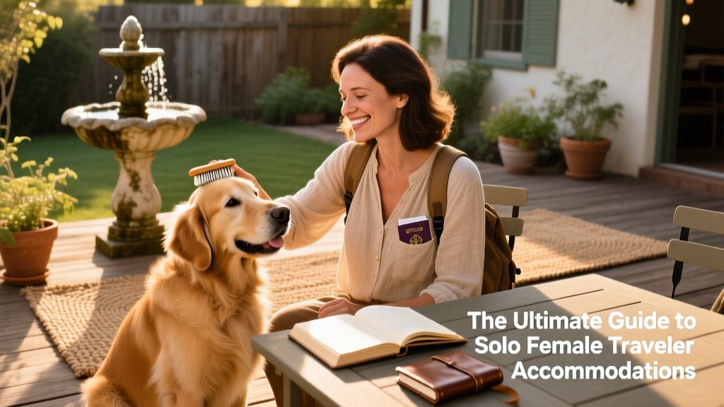 A solo female traveler smiling while brushing a golden retriever on a sunny backyard patio