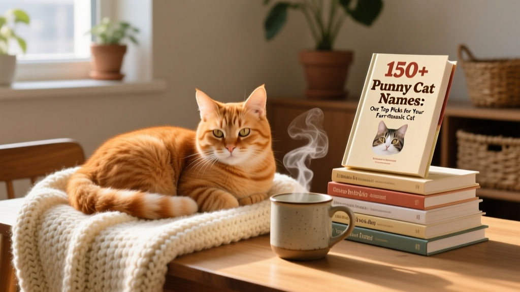 A relaxed ginger cat curled up on a cozy knitted blanket beside a steaming mug and a small stack of cat-care books