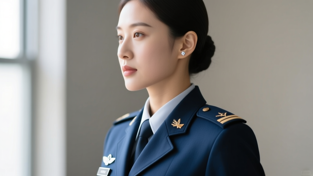 Side profile of a female soldier in an Army dress uniform jacket, wearing a single small diamond stud centered on her earlobe