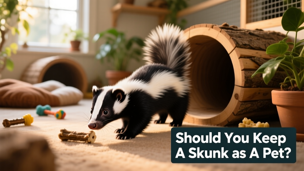 A young skunk exploring a safe, enriched indoor enclosure with tunnels and soft bedding