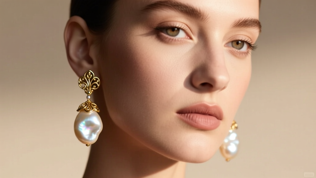 Close-up of a model wearing asymmetrical baroque freshwater pearl drop earrings with gold-plated brass caps in soft warm lighting.
