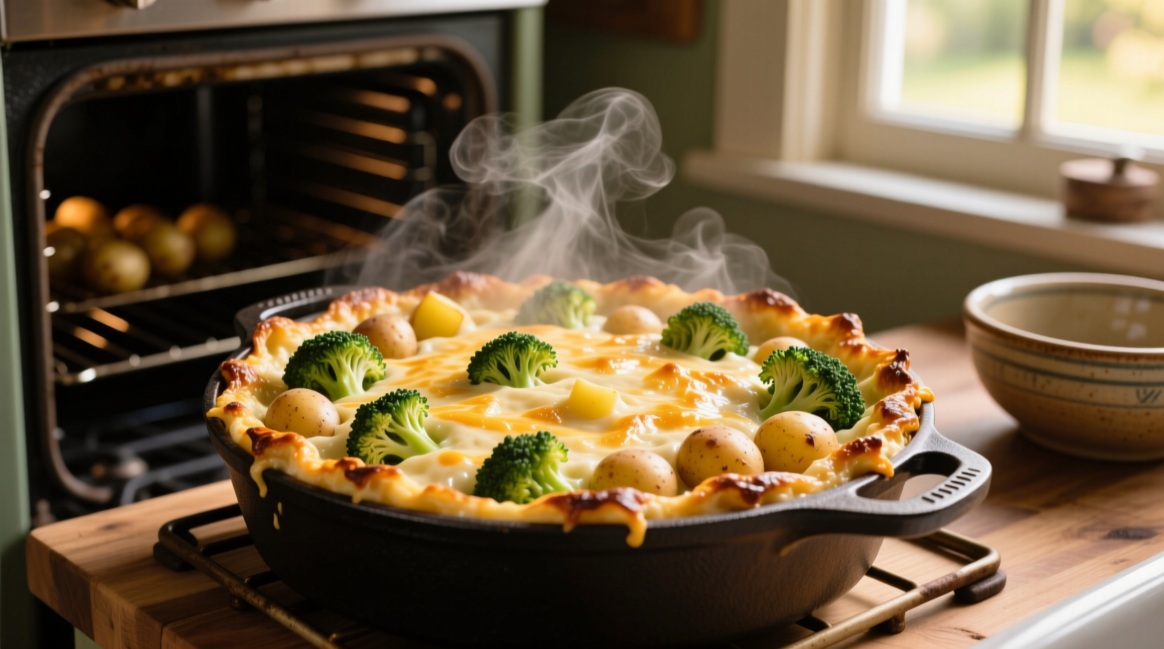 Golden potato broccoli casserole fresh from oven