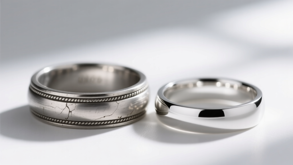 Macro shot comparing the soft gray patina of an unpolished 1920s platinum band against a modern rhodium-plated white gold ring