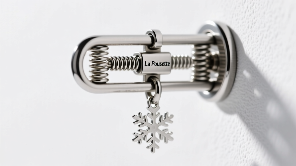 Macro view of a La Pousette locking back on a snowflake dangle post, highlighting the dual-spring metal mechanism and secure grip