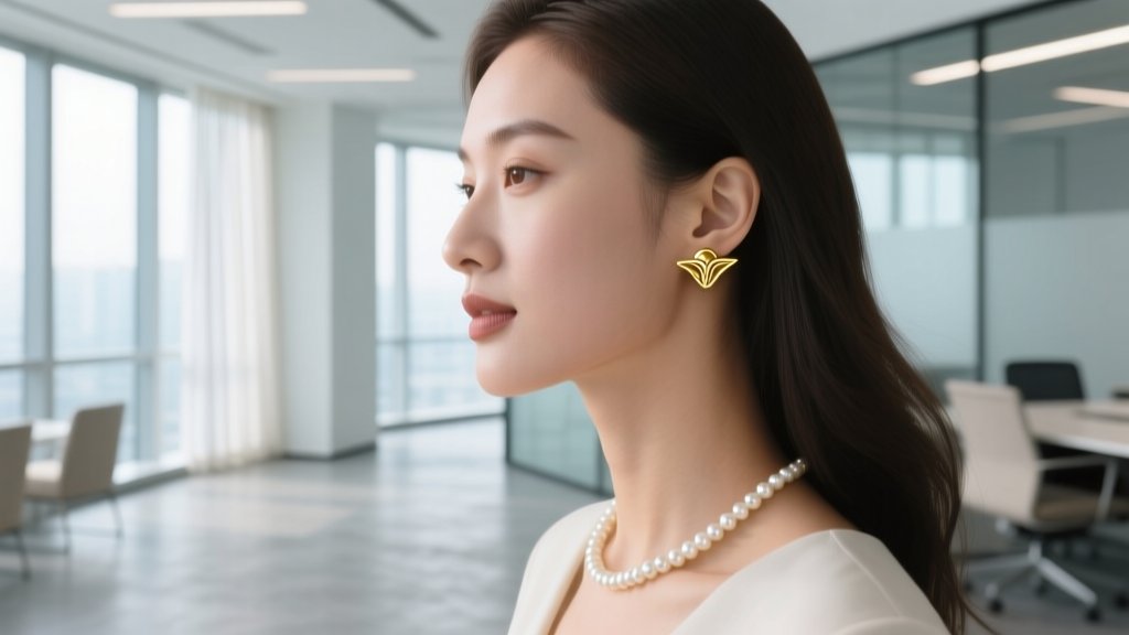 Side profile of a woman wearing subtle 14k gold Yoda stud earrings, paired with a minimalist pearl necklace, in a bright office