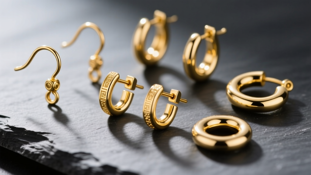 Close-up macro shot of various gold earring hooks including French wire, leverback, and kidney wire laid out on dark slate.