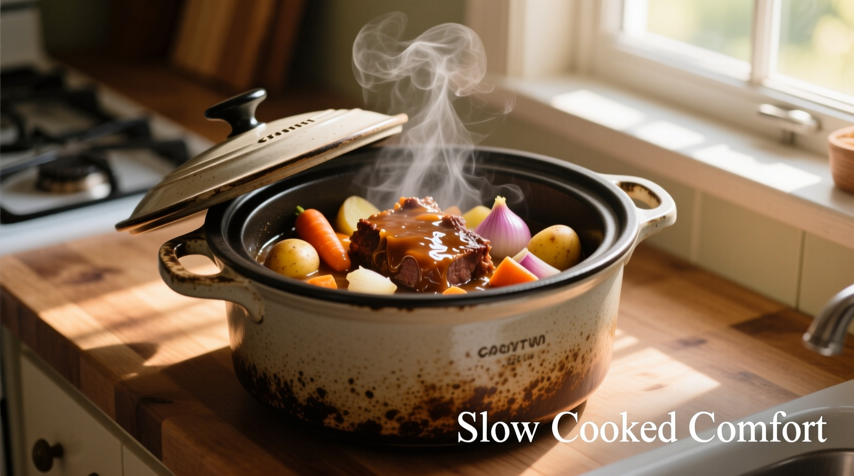 Slow cooker filled with pot roast and vegetables