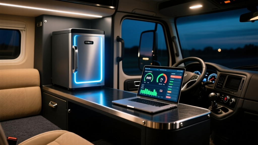 Illuminated semi-truck cab interior at night featuring a 12V portable fridge and a rugged laptop running engine diagnostics on the sleeper desk.