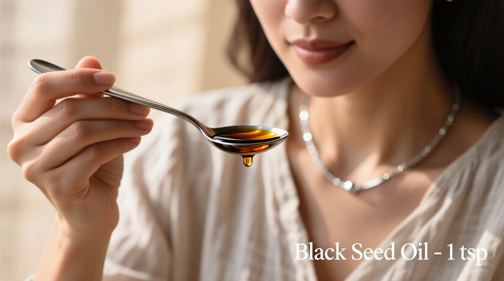 Woman measuring black seed oil in a teaspoon