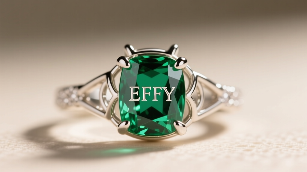Macro view of an Effy 14k white gold emerald pendant back, showing the laser-engraved EFFY mark and a secure prong basket base.