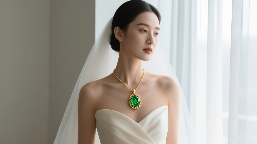 A bride wearing a delicate 24 karat gold pendant necklace with a bezel-set jade carving, captured in soft natural window light.