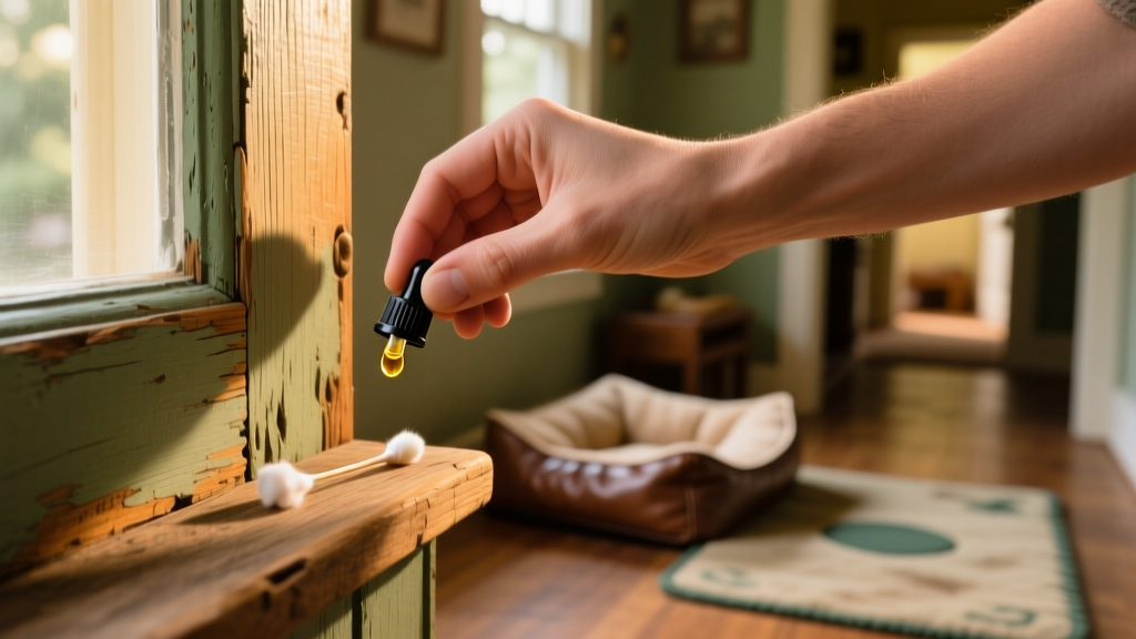 A hand placing a single drop of vanilla extract onto a wooden doorframe corner, with a small cotton swab nearby