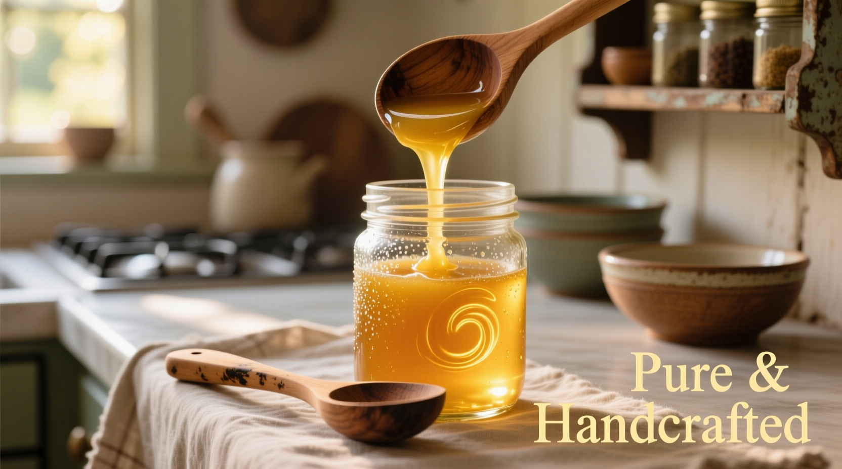 Golden homemade ghee in glass jar with ladle