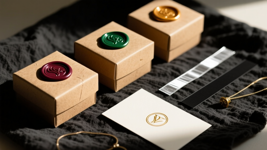 Kraft jewelry boxes with wax seals, anti-tarnish strips, and a branded card resting on dark linen cloth in warm natural light