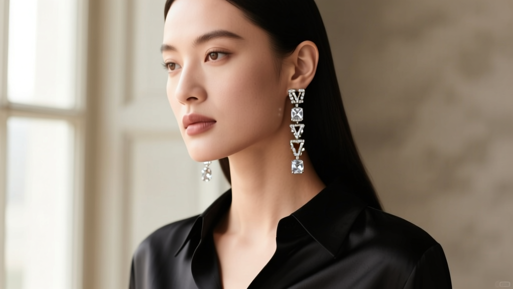 A woman wearing Valentino Roman Stud crystal drop earrings that frame a square jawline and add elegant vertical length to her face