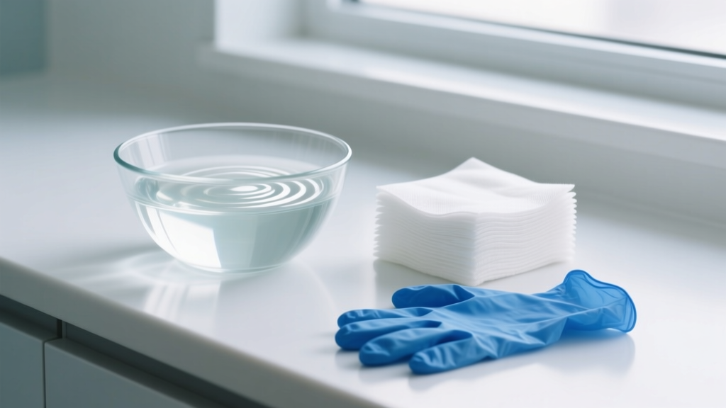 A bowl of warm sterile saline and sterile gauze pads resting on a clean counter next to a pair of blue nitrile medical gloves