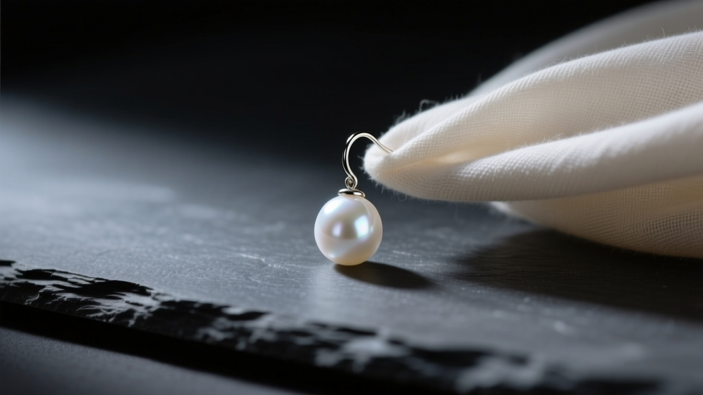 Soft cloth gently polishing a tiny white freshwater pearl drop earring resting on a dark slate surface, moody studio lighting