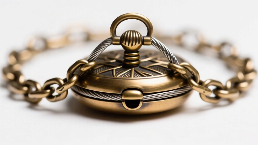 Close-up of a 1.5mm steel cable chain on a brass horcrux locket, focused on interlocking links and a small lobster clasp detail.