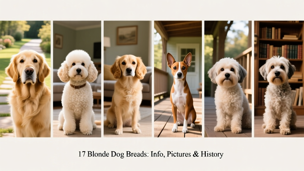 Side-by-side portraits of seven blonde dog breeds: Golden Retriever, Cocker Spaniel, Bichon Frise, Toller, Basenji, Havanese, and Soft Coated Wheaten Terrier