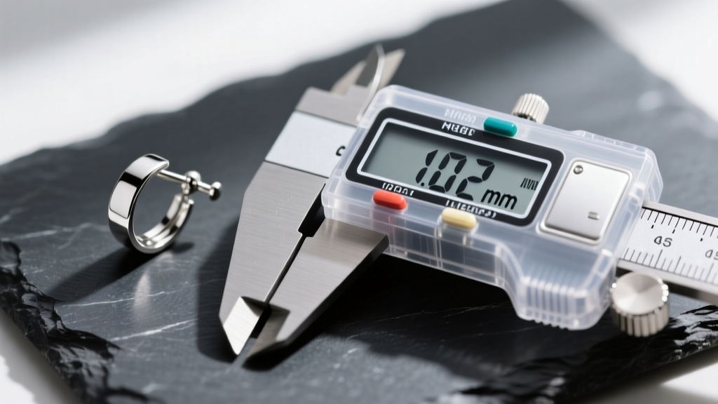 Macro view of an 18-gauge earring post beside a digital caliper showing 1.02mm, resting on a dark slate jewelry workbench surface