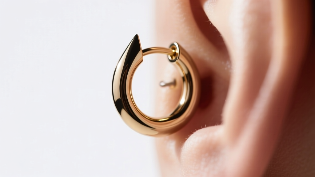 Side profile showing an 18g titanium spike huggie earring on a flat piercing, demonstrating the 8mm inner diameter fit.