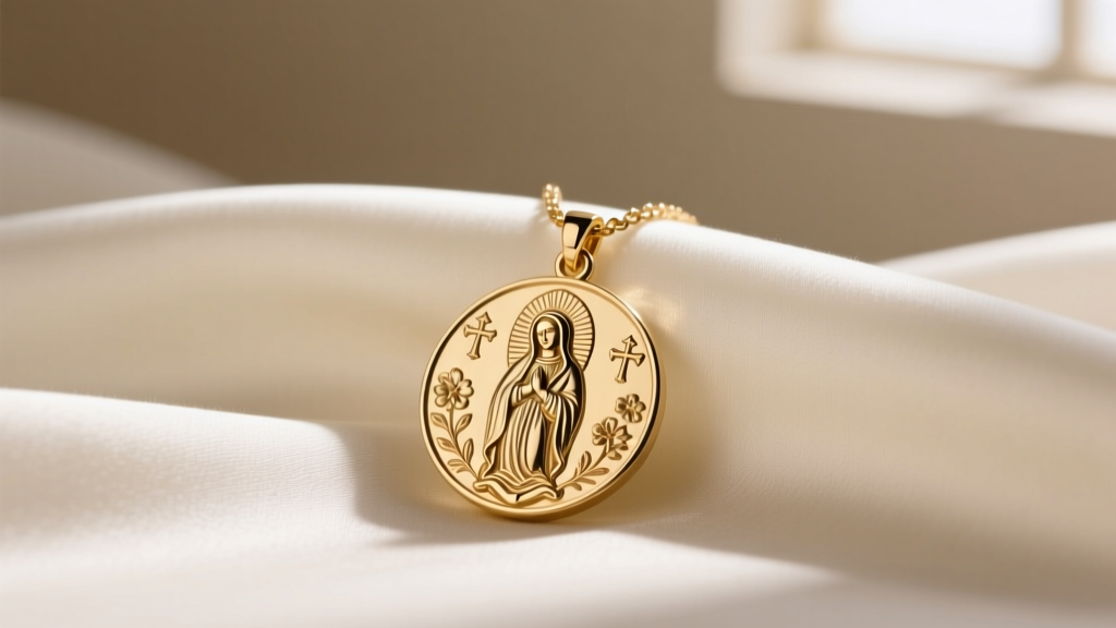 A 14k solid gold Mary medallion necklace resting on silk, with soft lighting highlighting the antique engraving details.