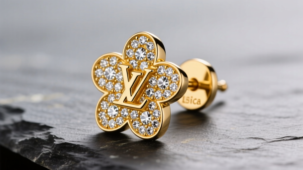 Macro shot of 18k yellow gold LV Monogram Flower stud earring on slate, highlighting pavé diamonds and crisp hallmark on the post.